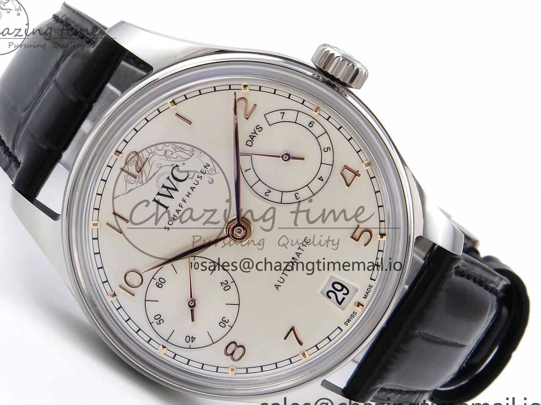 MIROTIME 0308 OnTrend Portugieser Automatic 42mm SS APSF 1:1 Best Edition White RG Dial on Black Leather Strap A 7010
